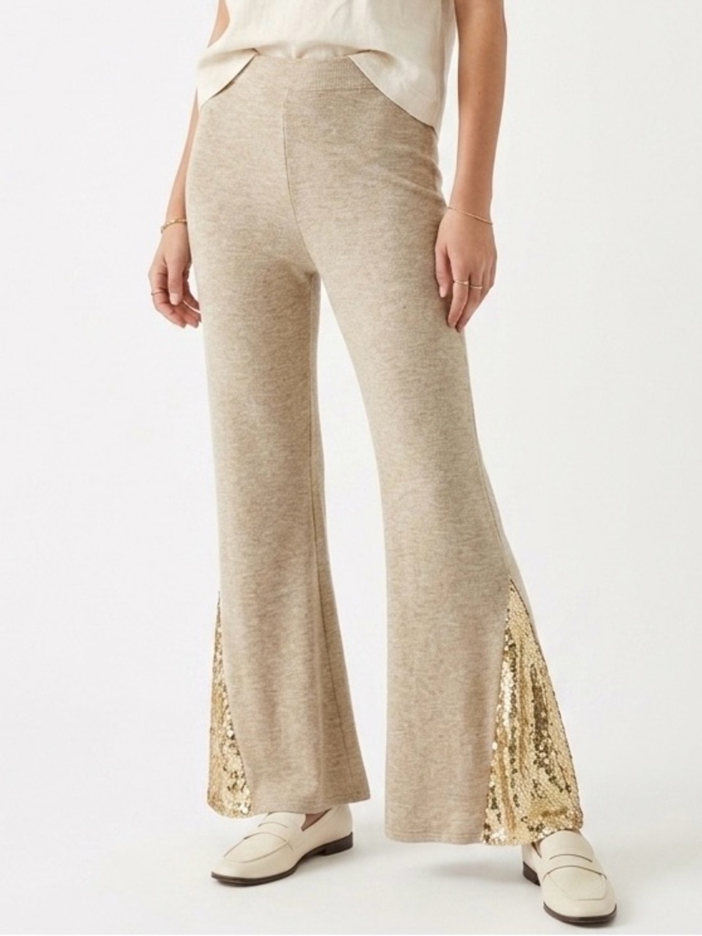 Christian Siriano Gold Sequin Flare Knit Pants Beige Tan XL NWT